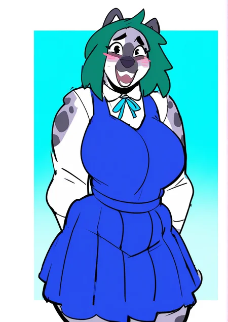 <lora:kenno_arkkan2:1.2>,1girl, huge breasts, malina miller, furry female, green hair, hyena girl, hyena, spotted fur, white fur, :d, blue dress, blue ribbon, blush, breasts, collared shirt, dress, long sleeves, looking at viewer, neck ribbon, open mouth, pinafore dress, pleated dress, ribbon, school uniform, shirt, sleeveless, sleeveless dress, smile, solo, white shirt, , very awa, masterpiece, best quality, newest, highres, absurdes,amazing quality