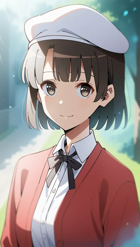 score_9,score_8_up,score_7_up,
<lora:megumikato:0.9>,
megumikato,
1girl,solo,black hair,bangs,short hair,brown eyes,pupils,looking at viewer,smile,white beret,red cardigan,white blouse,black bow tie,portrait,
blurry background,vignetting,bloom,lens flare,light particles,