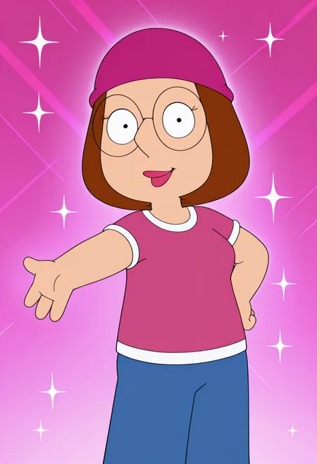 masterpiece, best quality, amazing quality, m3ggf, 1girl, brown hair, glasses, pink beanie, pink t-shirt, blue pants, outstretched arm, hand on hip, smile, looking at viewer, cowboy shot, pink background, (colorful sparkles background, light rays:0.7),