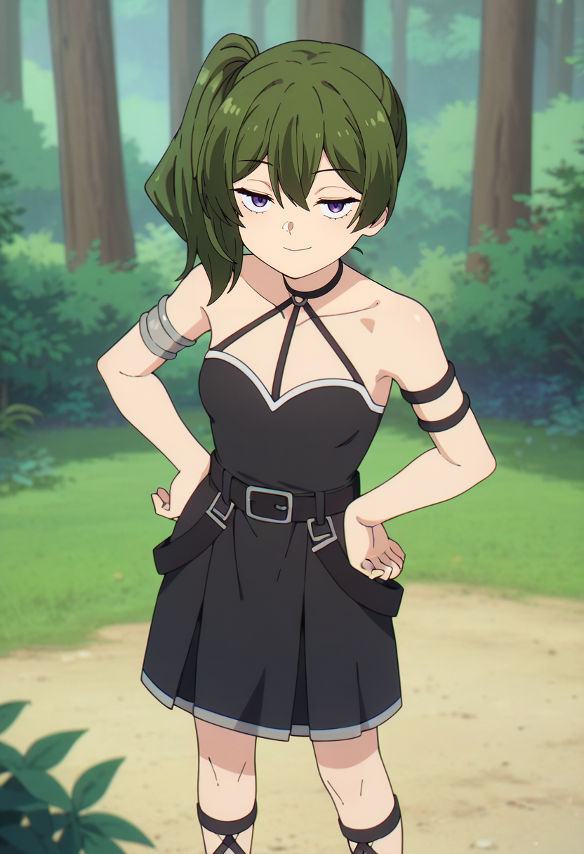 score_9, score_8_up, score_7_up,
<lora:SousouNoFrieren_UbelXL:0.8>, UbelSSnF,
1girl, solo, closed mouth, grin,
green hair, side ponytail, purple eyes, 
black dress, halterneck, sleeveless, black belt, armlet, arm strap, single glove,
standing, looking at the viewer, from angle, hands on own hips,
fantasy, medieval, photo background, forest, tree, moss, stream, stone, leaf, maple tree, grass, nature, blurry background
