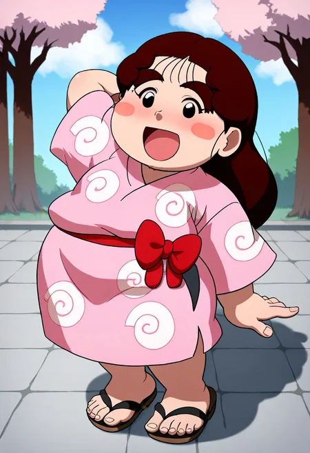 <lora:sdxl_lightning_8step_lora:1> <lora:Fixhands_anime_bdsqlsz_V1:1>score_9, score_8_up, score_7_up, best quality, source_anime, intricate details, high quality, perfect anatomy BREAK
1girl, ookawashige, plump, brown hair, long hair, thick eyebrows, black eyes, blush stickers, pink kimono, sandals,
upskirt, arms behind head, Neutral, A relaxed facial expression with a slightly open mouth., outdoors,
<lora:ookawashige_XL(pony)fix:0.9>