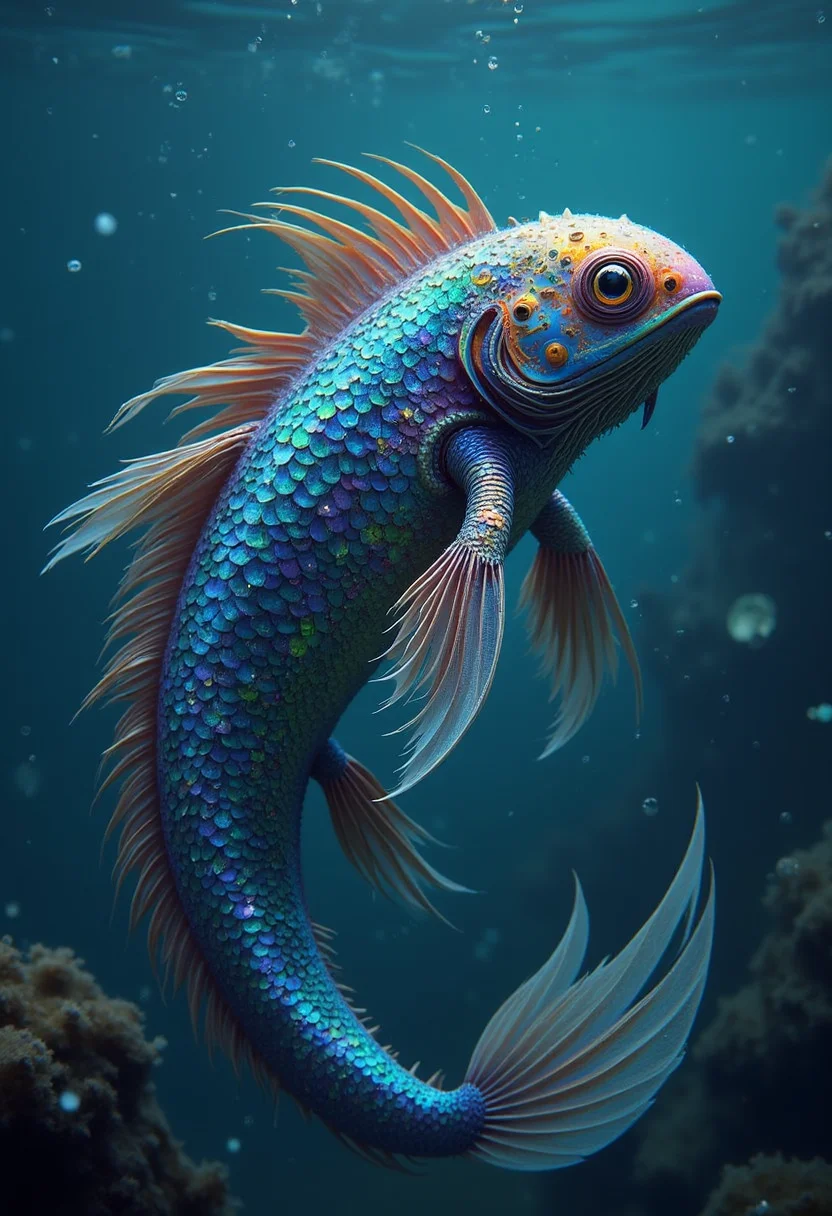 A yfg-bgy, its body covered in shimmering, iridescent scales, blends seamlessly into its aquatic environment.