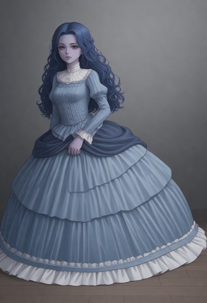 1 girl, frankelda, 1 girl, blue hair, long hair, curly hair, blue skin, striped longsocks, victorian dress