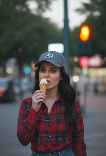 A 30yo woman eating a cone icecream.  blue eyes. perfecteyes
Wearing Jeans and Plaid red shirt with a hat/cap red. 
Long dark black slick back hair. No makeup.
Night time, Street light. 
Looking at camera POV.  Slight smile.
Medium Close Up shot.
Bokeh. Bokeh light.  
Blurred background.