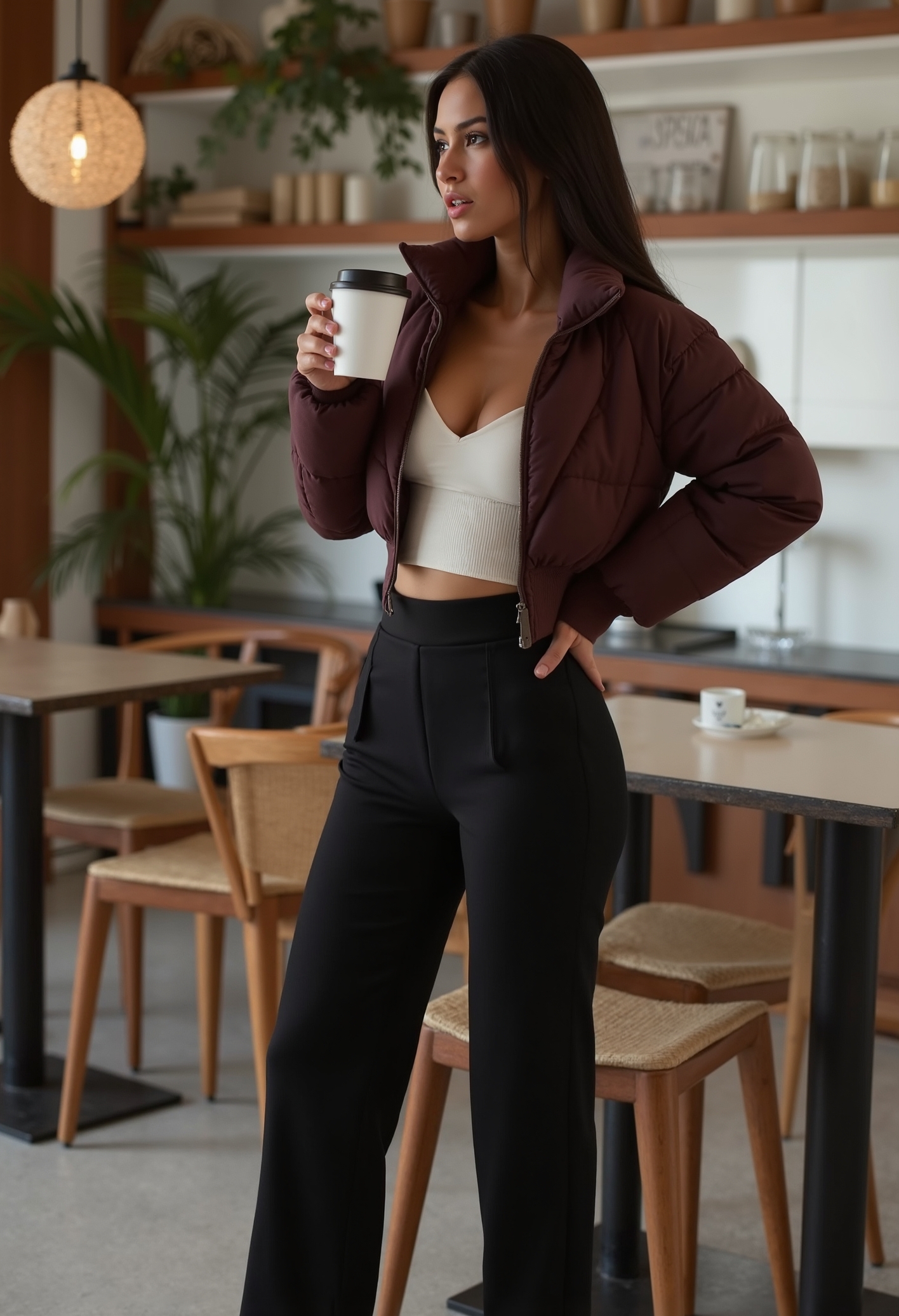 clo017, full body shot of a beautiful woman, lang black hair, wearing a cropped chocolate-brown puffer jacket with a high collar and ribbed waist panels, ribbed waistband, white bralette, long black trousers, sneakers, standing in a coffeshop and dring coffee, medium round breasts