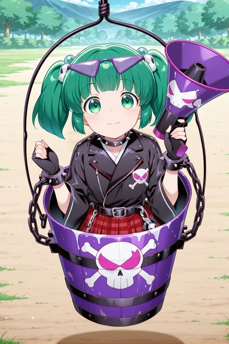 absurdres, highres, masterpiece, best quality, amazing quality, official anime artwork, screencap, anime screencap, outdoors, looking at viewer, light smile, dynamic pose,
<lora:Kisume_Illustrious:1> kisume, 1girl, solo, green eyes, green hair, short hair, short twintails,, kisume \(whisper amplification bucket\), alternate costume, purple-framed eyewear, eyewear on head, skull hair ornament, black collar, spiked collar, black jacket, long sleeves, black belt, cuffs, shackles, black gloves, fingerless gloves, red skirt, plaid skirt, purple bucket, skull print, in bucket, chain, holding megaphone,