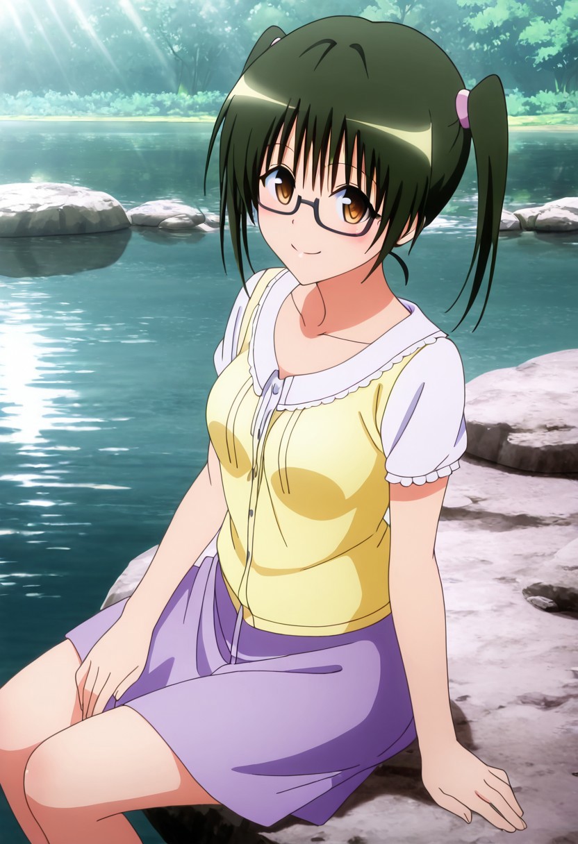 masterpiece, best quality, medium breasts, anime screenshot, to love-ru, to love-ru darkness, absurdres, highres, smile, solo,
sawada_mio, mio sawada, short hair, green hair, twintails, brown eyes, glasses, semi-rimless eyewear, under-rim eyewear, bespectacled, mature female, small breasts, anime screencap,
sitting on a rock, lakeside, gentle breeze, reflective water, warm sunlight, relaxed expression, looking at viewer, smile, side view, from above, Sitting on a smooth rock by the crystal-clear lake, she leans back on her hands, letting out a soft sigh of contentment. The afternoon sun glistens on the rippling water, creating shimmering reflections that dance across her clothes. hair sways in the light breeze.