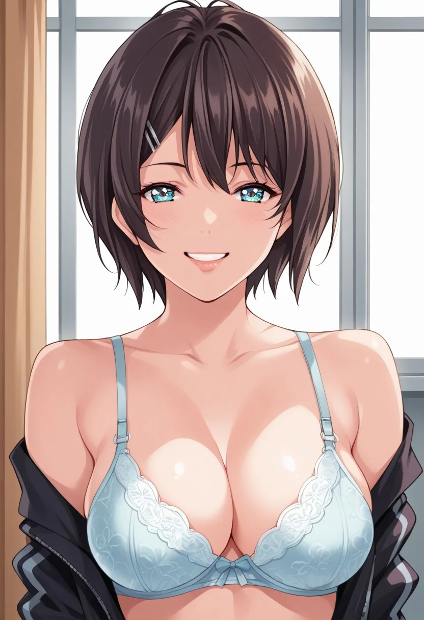 score_9, score_8_up, score_7_up, source_anime,(extremely detailed CG), (best quality), maturi,1girl,bra,smile,