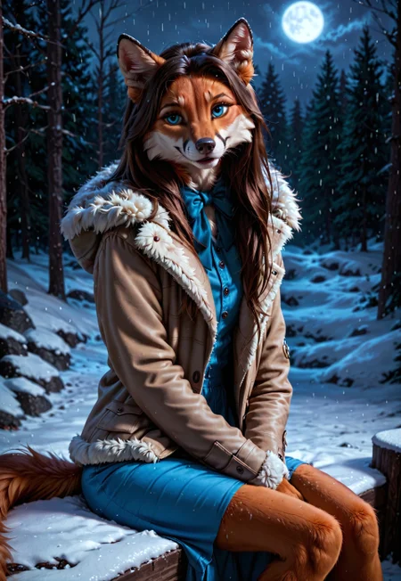 score_10_up, score_9_up, score_8_up, score_7_up, score_6_up, photorealistic, epiCPhotoGasm-colorfulPhoto, Realistic, highres, super high resolution, 8k, realistic fur, fluffy, furry, anthro, Alice, Alice (tiny bunny), she-fox, fox, sitting, clutching her legs, trying to warm up, frightened eyes, long hair, fur jacket, fur pants, blizzard, snow, night, storm, blizzard, dark forest, very detailed, detailed fur, fluffy, very realistic, realistic, detailed background 