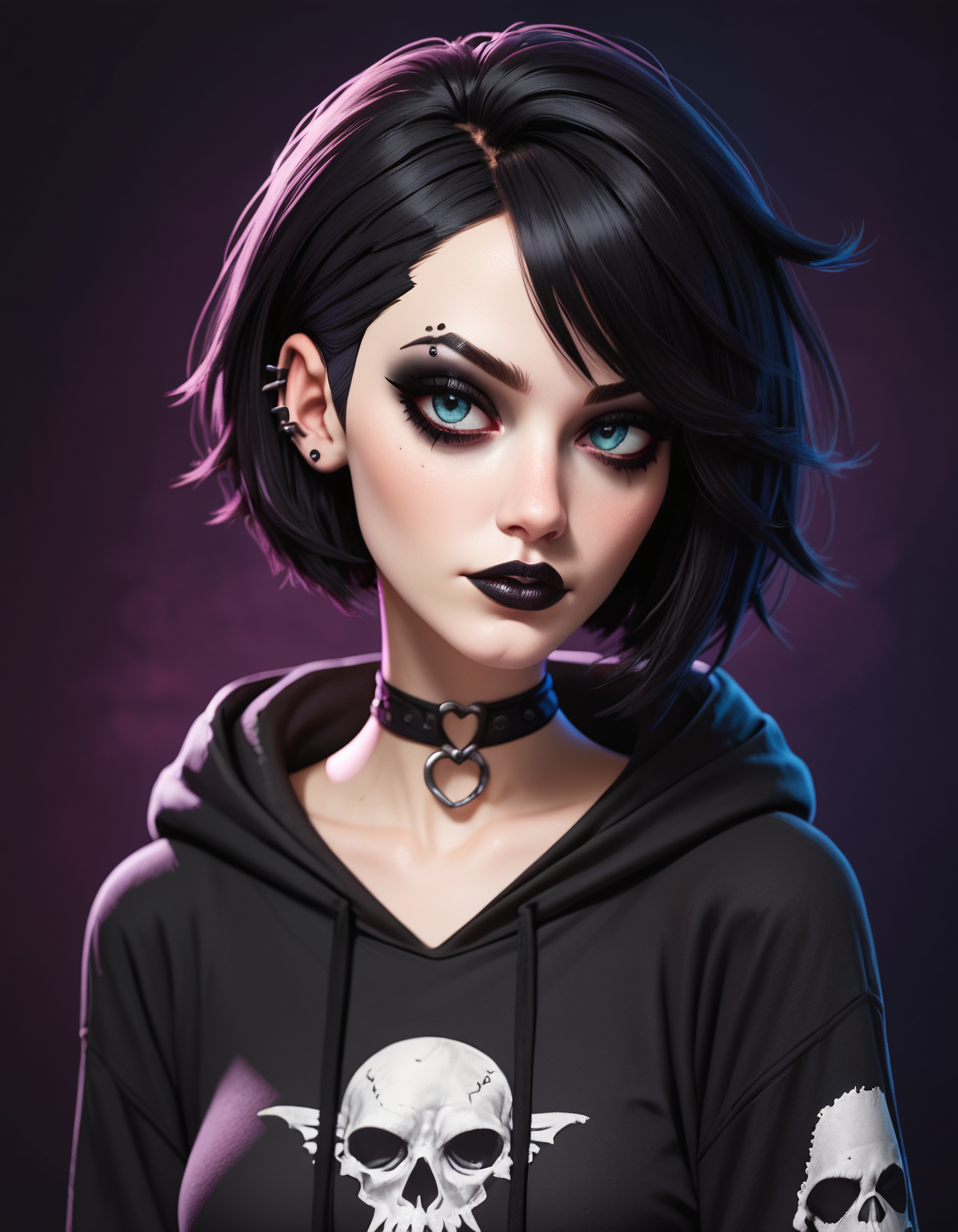 score_9, score_8_up, score_7_up, score_6_up, score_5_up, score_4_up, woman wearing hoodie, with short black hair, choker, pale skin, goth, emo, gothic background