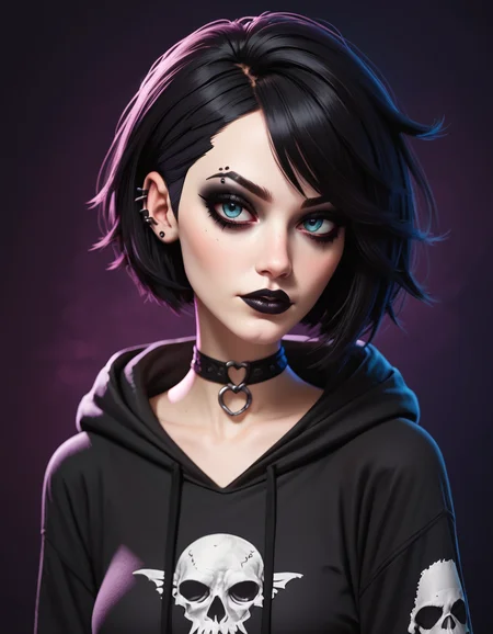 score_9, score_8_up, score_7_up, score_6_up, score_5_up, score_4_up, woman wearing hoodie, with short black hair, choker, pale skin, goth, emo, gothic background
