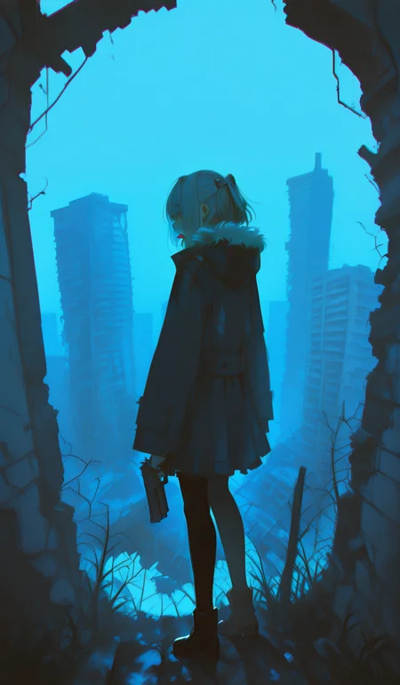 masterpiece, best quality, very aesthetic, dynamic composition, sketch, , shiranui_(kancolle),shows tongue,Standing, 1girl, ruins, solo, chromatic aberration, building, from behind, fur trim, outdoors, standing, post-apocalypse, jacket, holding, overgrown, rubble, coat, gun, facing away, pantyhose, hood, hood down, city, long sleeves, weapon, blue theme, holding gun