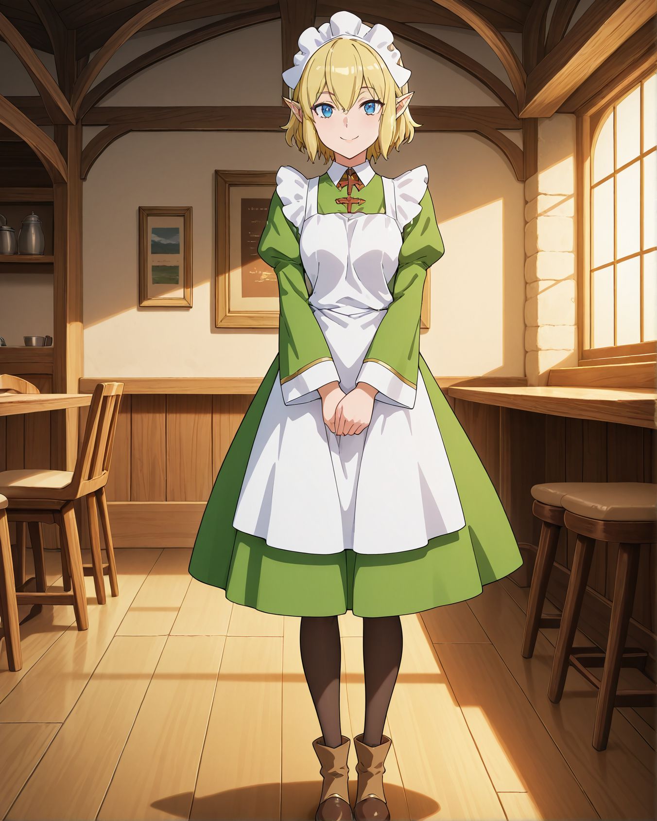 masterpiece,best quality,amazing quality,very aesthetic,absurdres,newest, huge filesize,
<lora:spo_sdxl_10ep_4k-data_lora_webui:0.5>, anime,anime coloring, anime screenshot, 2D anime,
BREAK
<lora:DanMachi_Heith_Velvet__Freya_Syr__Horn__Ryuu:1>
1girl, front view, solo,
pantyhose,short hair, 
maid headdress,
apron,maid,pointy ears,
blue eyes,blonde hair,
full body,smile,d_ryuu,D_Heith Velvet, 
brown shoes,
 indoors, fantasy,  restaurant, medieval century,