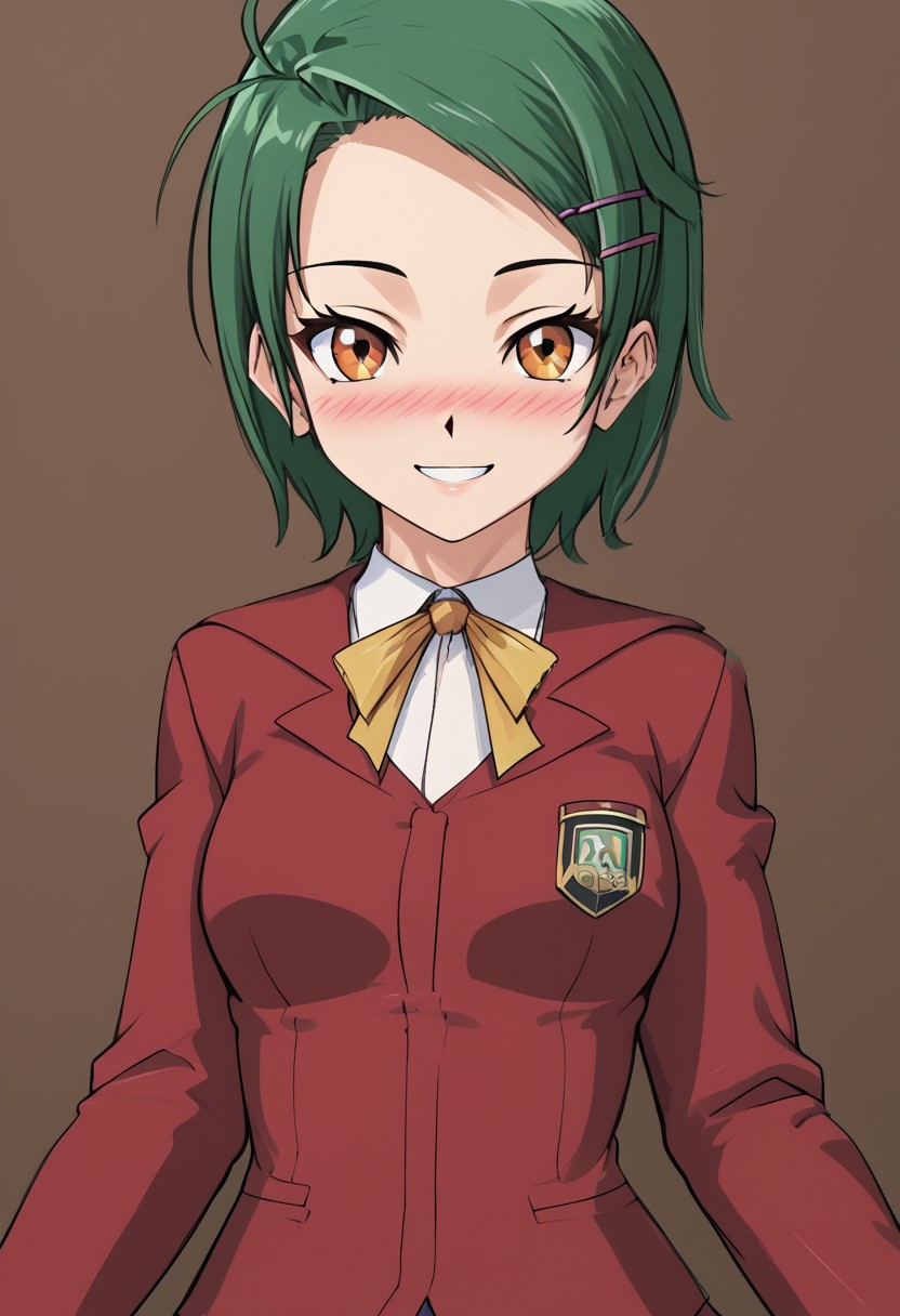 score_4,score_5,score_6,score_7_up,score_8_up,score_9
((masterpiece,best quality,ultra detailed,highres,HD,4k:1.2)),
JSK Studio,Solo girl,
1 cute girl,solo,
Erika,lime green hair,very short hair,orange eyes,((hairpin)),parted bangs,
school uniform, red cardigan, black miniskirt,
blush, smile,