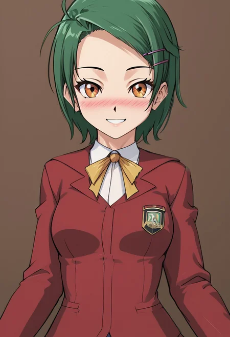 score_4,score_5,score_6,score_7_up,score_8_up,score_9
((masterpiece,best quality,ultra detailed,highres,HD,4k:1.2)),
JSK Studio,Solo girl,
1 cute girl,solo,
Erika,lime green hair,very short hair,orange eyes,((hairpin)),parted bangs,
school uniform, red cardigan, black miniskirt,
blush, smile,