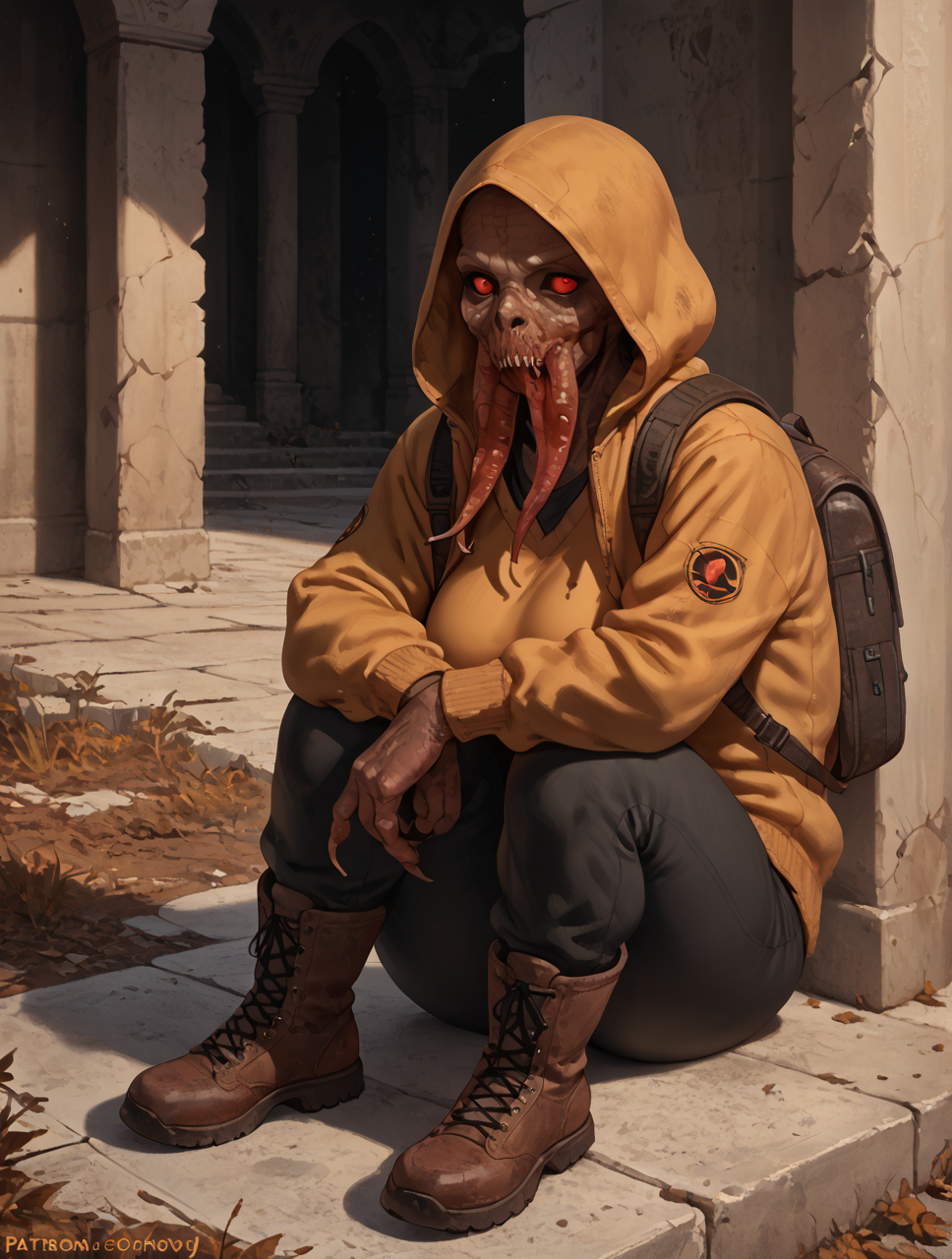 zPDXL3,<lora:BloodSucker_Pony:0.8>,bloodsucker,hood,standing,monster,red eyes,empty eyes,brown skin,fur on body,art by Honovy,the ruins of the city,solo,fluffy body,big breasts,pants,jacket,sweater,backpack,boots,looking_at_viewer,sitting,, <lora:PDXL_artist_tags_v2_big:1>