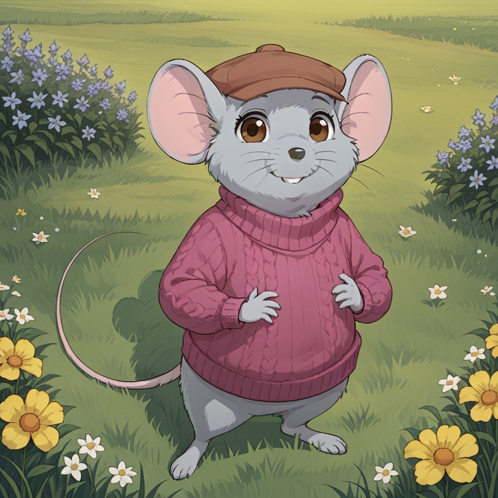 score_9, score_8, score_7,  break, solo, cute, bernard_r, mouse, furry, hat, whiskers, sweater, mouse ears, tail, grass, flowers, smile, looking at viewer