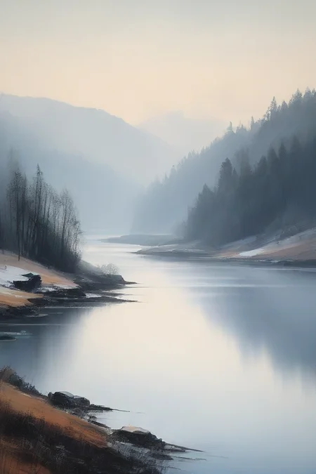 masterpiece, best_quality, very_aesthetic, absurdres,very_aesthetic,
,<lora:negXL:0.5>
scenery, winter vista, lake with morning fog effect frozen surface, weathered mountains with rounded silhouette, snow covered
<lora:oilpainting_IL_MIX_V03:1> traditional media, oil painting \(medium\), paper texture, impressionism stroke