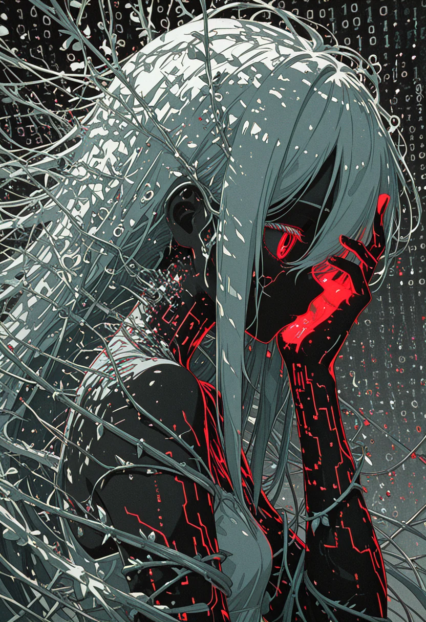 1girl, dutch angle, from side, dark skin, hand up, mechanical eye, crack, virtual, bioluminescence, (binary:1.1), tangled vines, leaf, geometric, gray theme, light background, harsh lines, linear hatching, glitch, disintegration effect foreground, local color adaptation, limited palette, (chromatic aberration:1.2), (green noise foreground:1.2), monochrome, crisp edges, gradient, noisy, ligne claire, ephemeral, ethereal, masterpiece, best quality, amazing quality, very aesthetic, absurdres, newest,