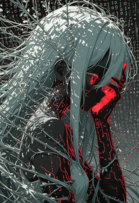 1girl, dutch angle, from side, dark skin, hand up, mechanical eye, crack, virtual, bioluminescence, (binary:1.1), tangled vines, leaf, geometric, gray theme, light background, harsh lines, linear hatching, glitch, disintegration effect foreground, local color adaptation, limited palette, (chromatic aberration:1.2), (green noise foreground:1.2), monochrome, crisp edges, gradient, noisy, ligne claire, ephemeral, ethereal, masterpiece, best quality, amazing quality, very aesthetic, absurdres, newest,