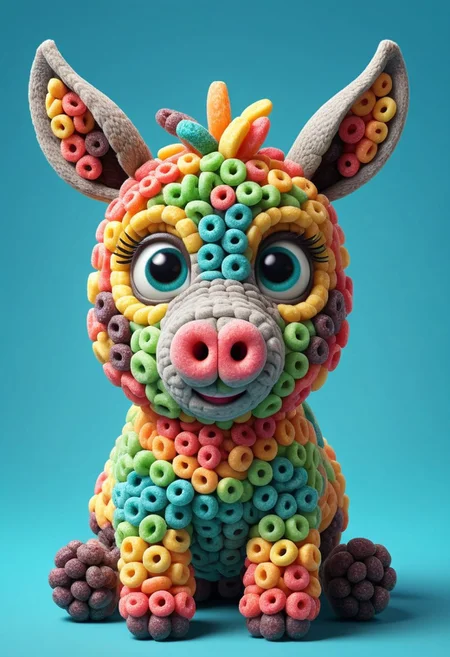 a cute chibby donkey with big rainbow eyes made made of fruit loops, very detailed, 4k, sharp