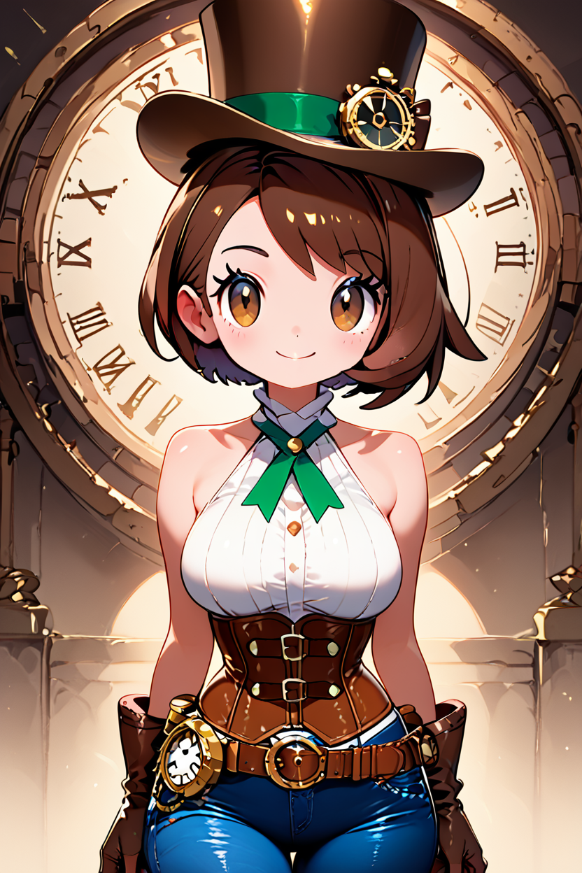 score_9, score_8_up, score_8, medium breasts, (curvy), cute, eyelashes,       ,,, ,  zzGloriaSPCitron, brown eyes, brown hair, short hair, top hat, steampunk, clock on belt, corset, bare shoulders, big gloves, tight blue jeans, white halterneck, green ribbon,   <lora:GloriaSteampunkPDXL:1>, , BREAK, smile, looking at viewer, cowboy shot, ,,, embedding:zPDXL, Expressiveh, ,,, <lora:CuteToonPDXL:1.0>, <lora:SDXLFaeTastic2400:0.5>, <lora:Expressive_H-000001:0.4>,