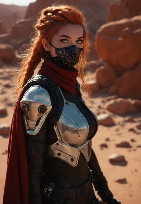score_7_up, ((1girl, solo, 23yo))
shot of tall vikingpunk woman holding an red mad-srgns m41a rifle, she is wearing a futuristic plate armor with face mask and red cloak that are covered in celtic runes, her ginger braided hair floats in the wind as she through a barren desert, <lora:ck-nc-pastel-cyberpunk:1.2> <lora:fluxVikingPunk:0.6>
(((full clothed)))
(8k uhd:1,4)
<lora:Dynamic Poses:1>
<lora:detailed_notrigger:1>