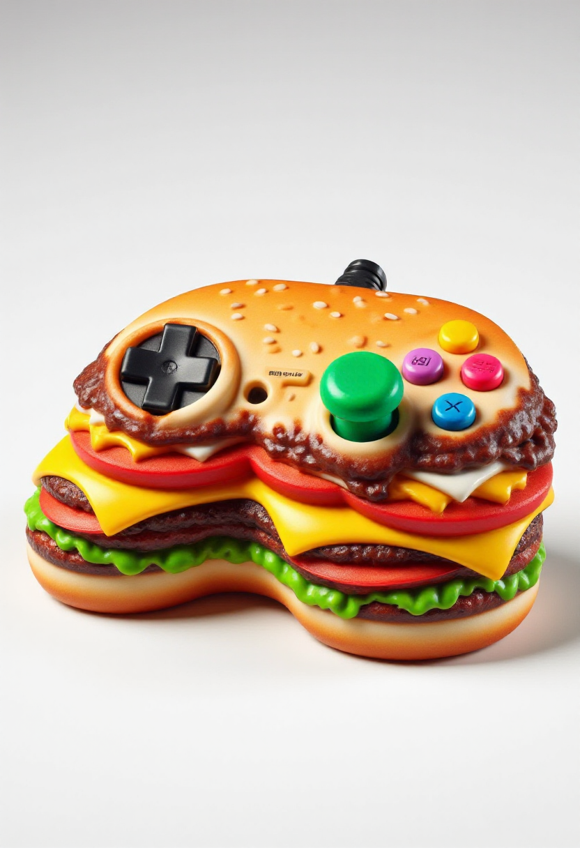 <lora:Player_2_Game_Console_Controller_FLUX-000019:1>
This is a high-resolution photograph of a colorful, custom-designed video game controller. The controller is styled to resemble a hamburger.