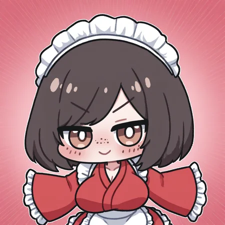 tildevtuber, 1girl, solo, breasts, looking at viewer, blush, smile, bangs, large breasts, brown hair, long sleeves, brown eyes, closed mouth, collarbone, frills, japanese clothes, wide sleeves, kimono, apron, v-shaped eyebrows, sleeves past wrists, maid headdress, frilled skirt, frilled sleeves, waist apron, white apron, bob cut, swept bangs, wa maid, red kimono, white pupils, tildewamaid, chibi, upper body, freckles
<lora:TildeIllustrious:0.6>    <lora:miratsu_noob:1>