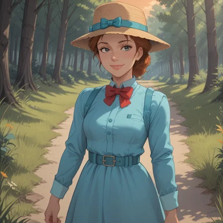 score_9, score_8, BREAK, solo, brown hair, straw fedora hat, cyan bow on hat, black eyes, lips, cyan long dress, red bowtie, cyan belt, black socks, black slippers, Darling_(Lady_and_the_Tramp), sexy pose, self portrait, smile, outdoors, sunlight, shadows, evening lighting, natural lighting, forest, trees, grass, orange sky, sunset