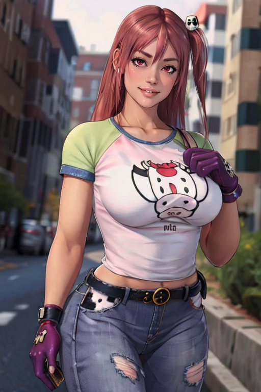 masterpiece,best quality,extreme detail,8k,<lora:honoka:0.8>,honoka2,1girl,solo,long hair,breasts,smile,skirt,large breasts,shirt,hair ornament,red eyes,gloves,pink hair,belt,blurry,lips,torn clothes,blurry background,one side up,denim,animal print,t-shirt,single glove,jeans,realistic,cow print,skull hair ornament,