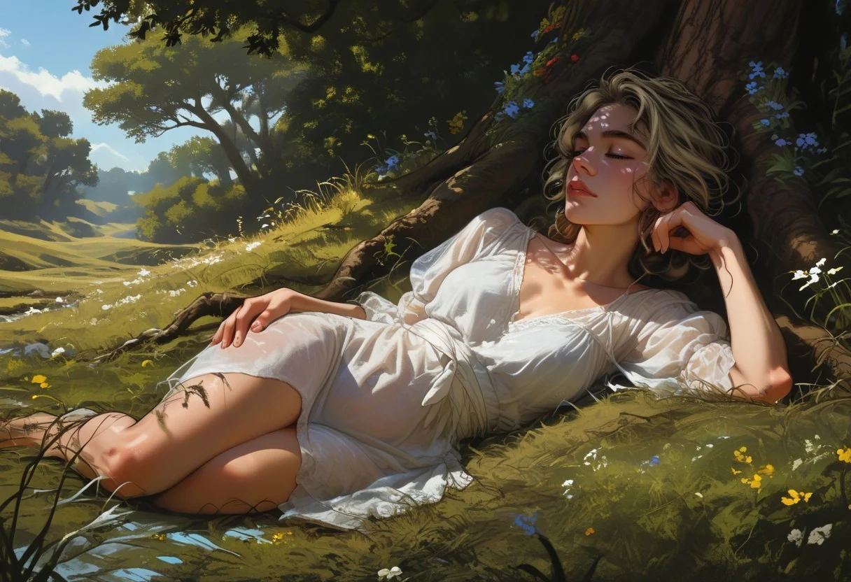 score_9, score_8_up, score_7_up,
1girl, solo, laying down next to tree, sheer summer dress,
High noon,
Grass lands, tall grass, breeze, dandelions in the wind,