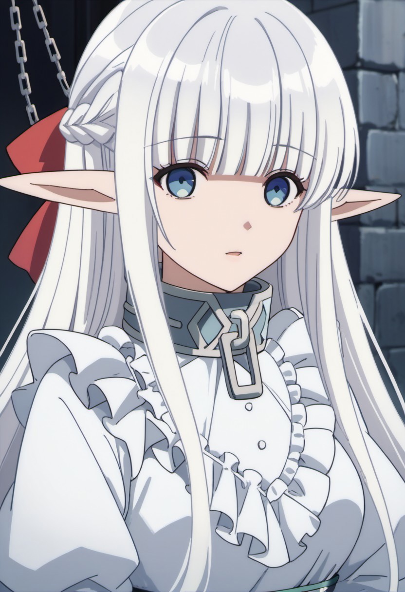 score_9, score_8_up, score_7_up, source_anime, nephelia, long hair, pointy ears, elf, white hair, blue eyes, 1girl, solo, metal collar, anime coloring, collar, braid, french braid, blunt bangs, chain, bow, frills, red bow