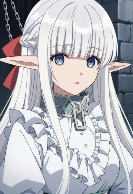 score_9, score_8_up, score_7_up, source_anime, nephelia, long hair, pointy ears, elf, white hair, blue eyes, 1girl, solo, metal collar, anime coloring, collar, braid, french braid, blunt bangs, chain, bow, frills, red bow