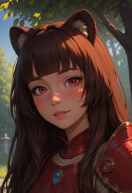 score_9_up, score_8_up, score_7_up, score_6_up, 1girl, 25 years old, perfect face, cute, petite,
detailed face, portrait, face focus, depth of field, looking at viewer, blush, shy smile, close up, 
red eyes, 
animal ear fluff, animal ears, raccoon ears, raccoon girl,
brown hair, long hair, blunt bangs, sidelocks,
brown armor, red armor, brown elbow gloves, long sleeves, brown shoulder armor, white ribbed shirt, red ribbon, 
park,