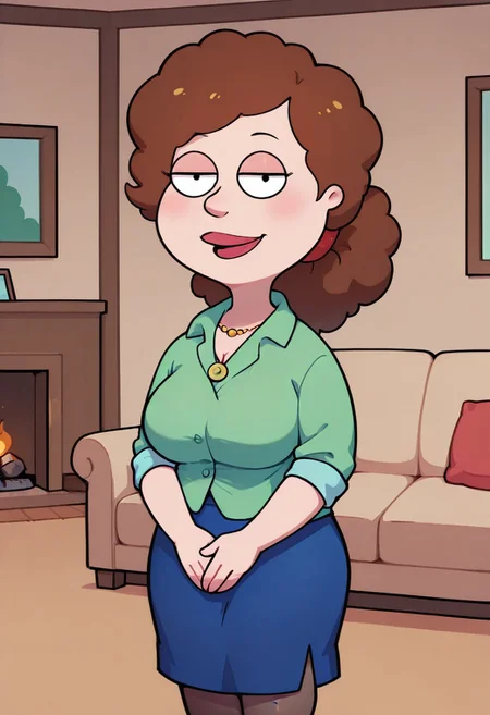 score_9, score_8_up, score_7_up, score_6_up, high quality, rounded eyes, style parody, cartoon style, 1girl, solo, living room, couch, indoors,
BREAK
unnamed girl, brown hair, black eyes, (mature female:1.5), (plump:1.2), large breasts, gigantic hips, green sweater, rolled up sleeves, blue skirt, stockings, own hand together, blush, smile, looking at viewer, long skirt, half-closed eyes, necklace,