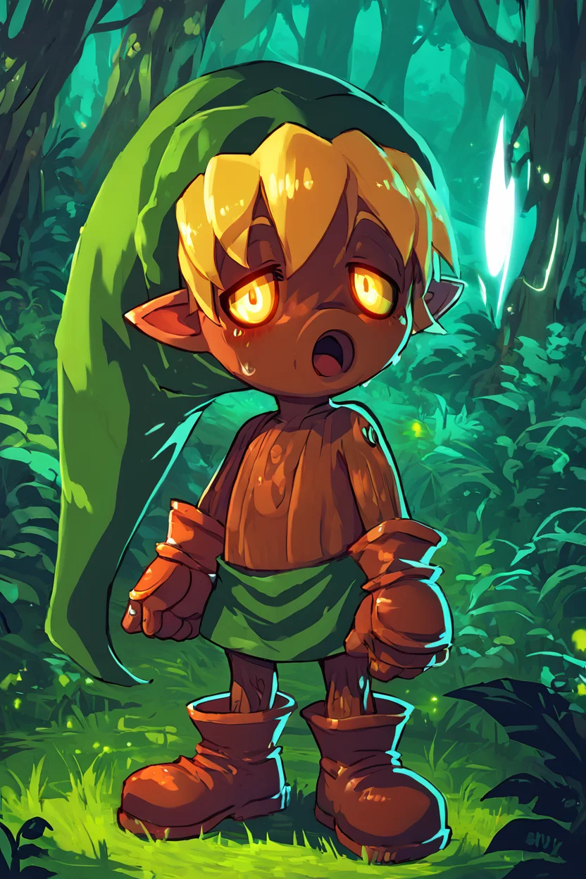 score_9, score_8_up, score_8, BREAK, , zzDekuLink, 1boy, male focus, blonde hair, hat, green headwear, yellow eyes, pointy ears, dark skin, gloves, full body, boots, glowing eyes, glowing, forest, <lora:DekuLinkZelda_PDXL_v3:1.0>, , BREAK, looking at viewer, cowboy shot, ,,, embedding:zPDXL, Expressiveh, ,,, <lora:Zankuro_Style_PDXL:0.8> <lora:SDXLFaeTastic2400:0.5>, <lora:Expressive_H-000001:0.4>,
