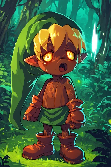 score_9, score_8_up, score_8, BREAK, , zzDekuLink, 1boy, male focus, blonde hair, hat, green headwear, yellow eyes, pointy ears, dark skin, gloves, full body, boots, glowing eyes, glowing, forest, <lora:DekuLinkZelda_PDXL_v3:1.0>, , BREAK, looking at viewer, cowboy shot, ,,, embedding:zPDXL, Expressiveh, ,,, <lora:Zankuro_Style_PDXL:0.8> <lora:SDXLFaeTastic2400:0.5>, <lora:Expressive_H-000001:0.4>,