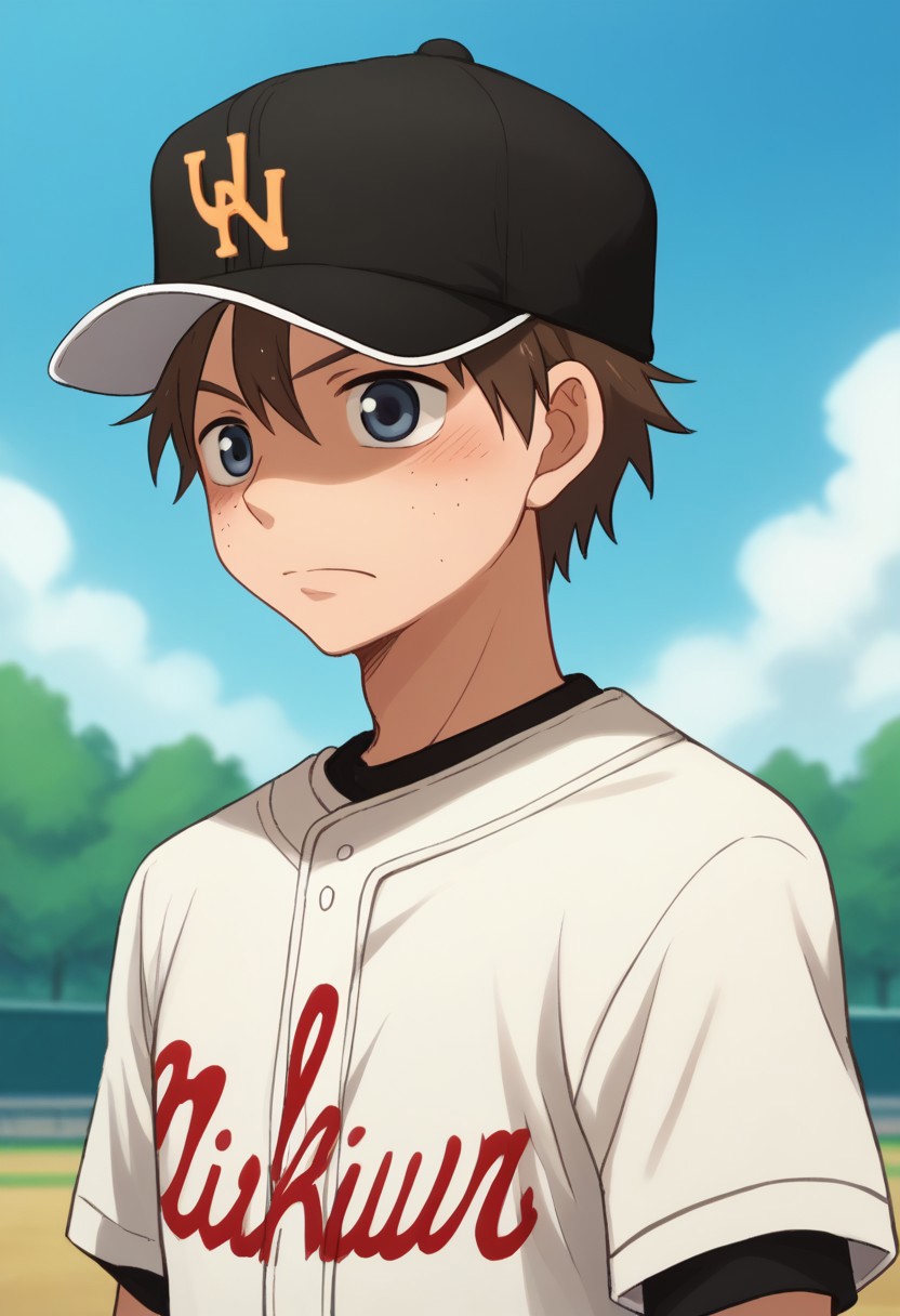 score_9, score_8_up, score_7_up, source_anime, highly detailed, 
kosuke, 1boy, male focus, hat, baseball cap, solo, brown hair, blue eyes, outdoors, baseball uniform, sportswear,
blush, day, sky, freckle, upper body,