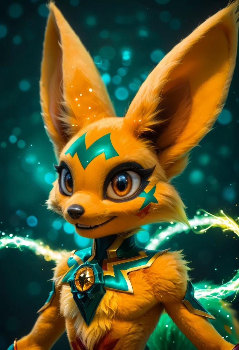 an anthropomorphic fur fury korrigan yellow monster with huge smile, big eyes, huge ears, huge long fur tail, (yellow fur:1.2), (magics. Magical power:1.7). (novuschroma60 style bokeh), fit