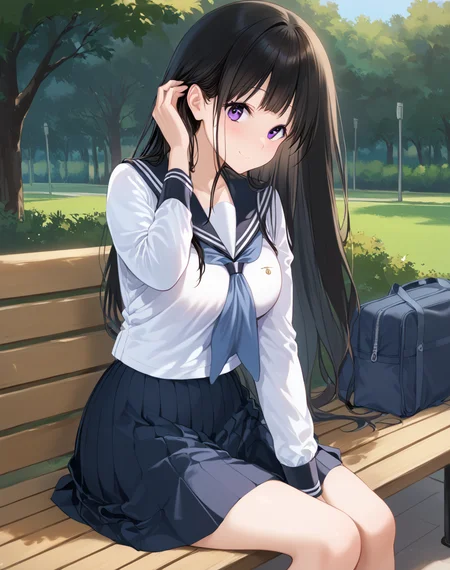 eru_chitanda, black hair, long hair, purple eyes, skirt, breasts, kamiyama high school uniform (hyouka), sailor collar, serafuku, black sailor collar, black skirt, bangs, pleated skirt, long sleeves, neckerchief BREAK outdoors, park, bench BREAK alluring face, looking to the side, sideways glance, tucking hair, shy smile, sitting, on bench, side view BREAK score_9, score_8_up, score_7_up, source_anime ,zPDXL, <lora:Eru_Chitanda:0.9> <lora:tuckinghair_Pony_v1:0.8>