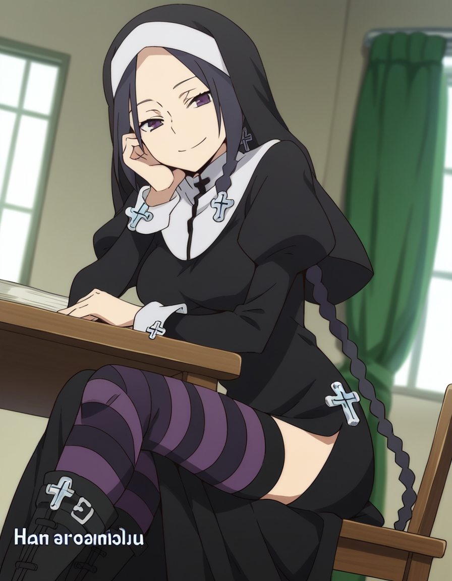 score_9, score_8_up, score_7_up, source_anime, <lora:yae-shinatsuhiko-hnu-ponyxl-lora-nochekaiser:1>, yae shinatsuhiko, long hair, purple eyes, braid, parted bangs, forehead,, thighhighs, striped, cross, striped thighhighs, nun, habit, long sleeves, dress, jewelry, boots, necklace, side slit,, indoors, smile, looking at viewer, solo, sitting, head rest, table,, cowboy shot, dutch angle