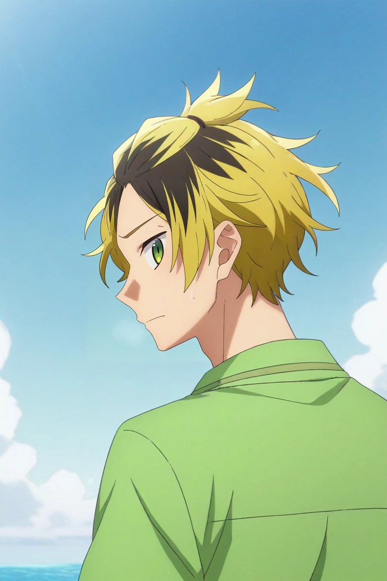 score_9, score_8_up, score_7_up, , rating_safe, , semi-realistic, , , 1boy, solo, male focus, <lora:gonzaburou_tashiro_pony:0.84>, gonzaburou_tashiro, blonde hair, green eyes, short hair, multicolored hair, two-tone hair, streaked hair, black hair, , profile, cold, ice, day, clouds, looking back, nervous, , <lora:sdxl_lightning_8step_lora:1>