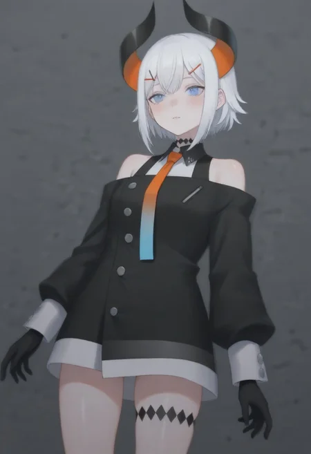 masterpiece, best quality, amazing quality,,, shiny skin,,,,,,,,nijilevi,,blue eyes,white hair,horn,pail skin,short hair,hairclip,nijilevicos,collared shirt,bare shoulder,gradient necktie,puffy long sleeves,white cuffs,black gloves,single thigh strap,