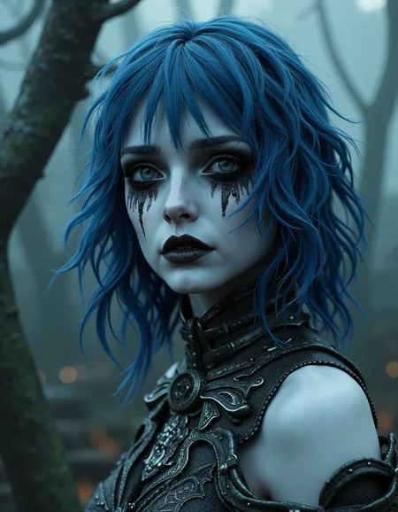 zavy-lch, Close-up shot capturing the face and upper body of a young woman lich, pale white skin possibly painted white, medium length hair with deep blue and silver duotone coloring, black make-up and mascara running down her cheeks as if she has been crying, set against a dark, misty forest with twisted trees and faint glimmers of eerie light, in a dark fantasy photographic style reminiscent of gothic horror, featuring a cold color palette of deep blues, muted grays, and hints of silver.
