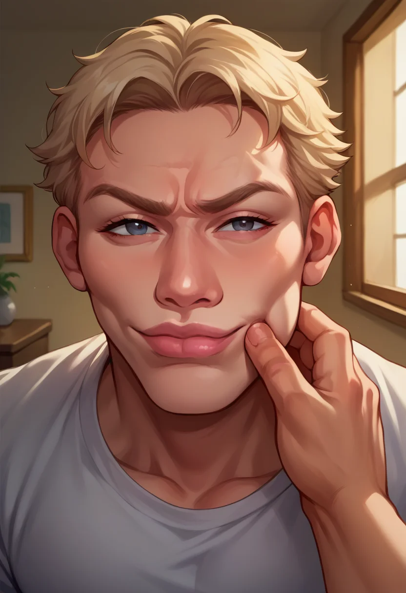 score_9, score_8_up, score_7_up, source_anime, 1boy, cheek pinching, pov hands, <lora:PinchingPOVOneHand_XLPD:1>, upper body, indoors, <lora:KzyGuyMeme:0.8> SkylerWhiteYo, closed mouth, smile, lips