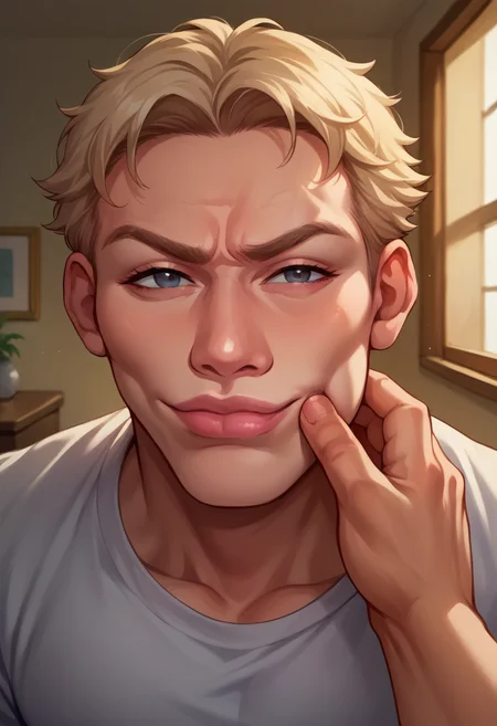 score_9, score_8_up, score_7_up, source_anime, 1boy, cheek pinching, pov hands, <lora:PinchingPOVOneHand_XLPD:1>, upper body, indoors, <lora:KzyGuyMeme:0.8> SkylerWhiteYo, closed mouth, smile, lips