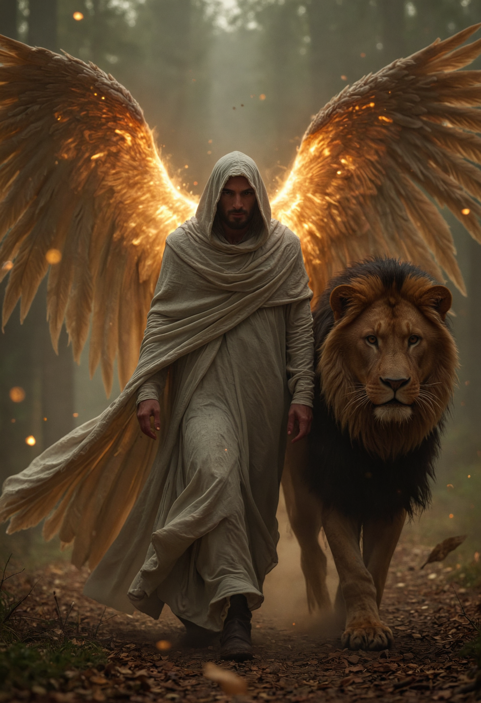 Cinematic, photorealistic, extremely detailed, best texture quality, depicts a mysterious cloaked figure, with several divine large gigantic glowing golden wings, void of a distinguishable face, shrouded in a flowing white fabric that drapes over him, and the majestic gigantic black lion, walking side by side, and they walking under a cloudy, ominous sky in a somber, cold palette, suggesting an atmosphere of foreboding and silent strength, particles flying, feathers falling around them, very dark atmosphere, low key, volumetric lighting, shallow depth of field, <lora:CinematicStyle_v1:1>, <lora:Flux-style-xl-lora:0.5>, <lora:DetailMaximizer:1>, <lora:NicolaSamori:0.5>