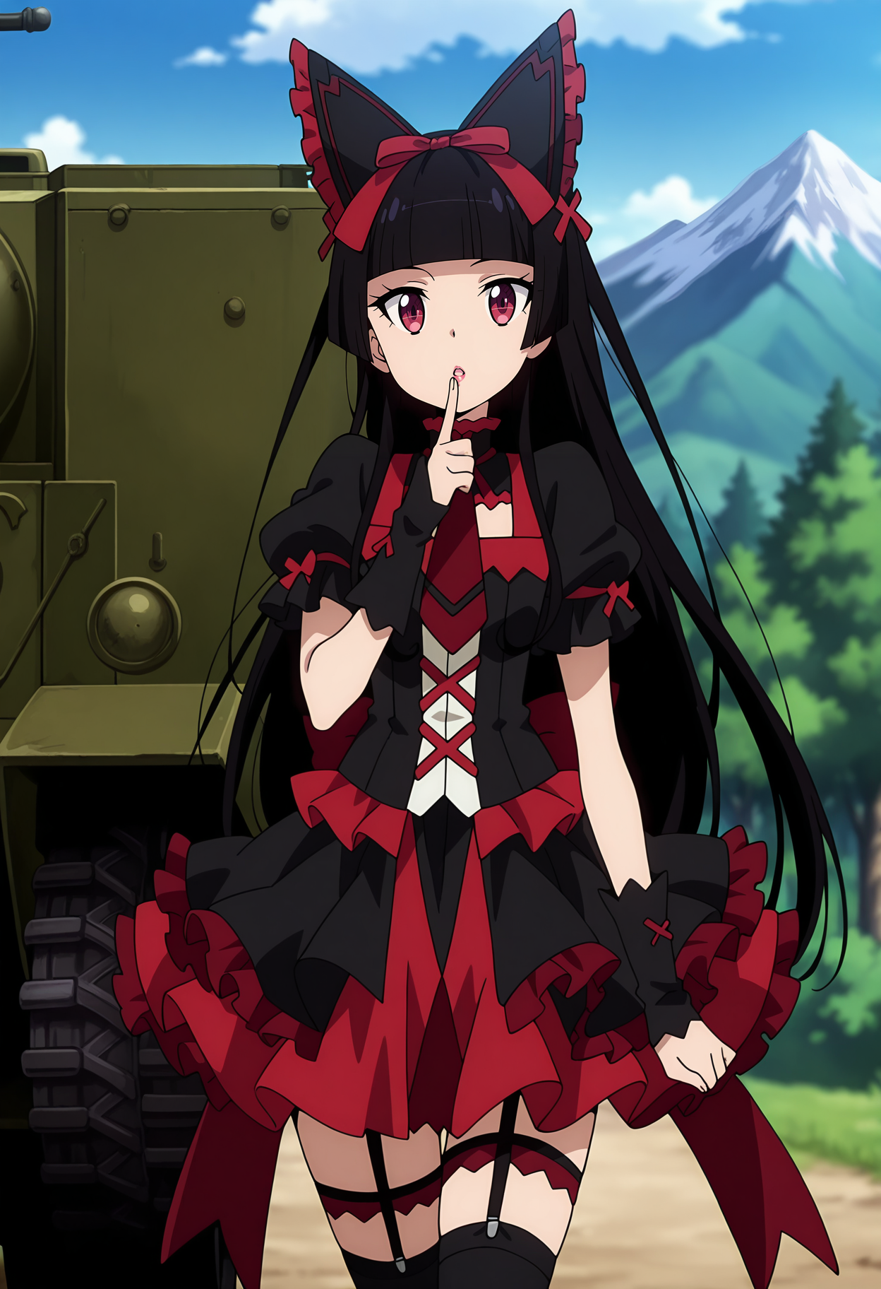 anime screencap, masterpiece, best quality,
<lora:GATE_RoryMercury_IlluXL:0.9>,
1girl, solo, open mouth, parted lips,
hime cut, long hair, blunt bangs, black hair, multicolored eyes, lips,
hair bow,
multicolored dress, frilled dress, cross-laced dress, red necktie, puffy short sleeves, ribbon trim, black arm warmers,
layered skirt, frilled skirt, garter straps, thigh strap, black thighhighs,
finger to mouth,
walking, arm at side, looking at viewer, cowboy shot,
military vehicle, mountain, blue sky, cloudy sky, nature, forest, blurry background