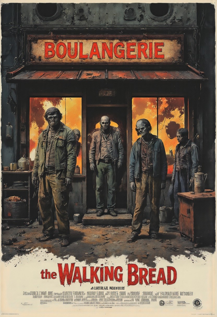 a movie poster illustration with some zombies in front of a bakery, and sign: "BOULANGERIE", and with the title of the movie: "the Walking Bread",